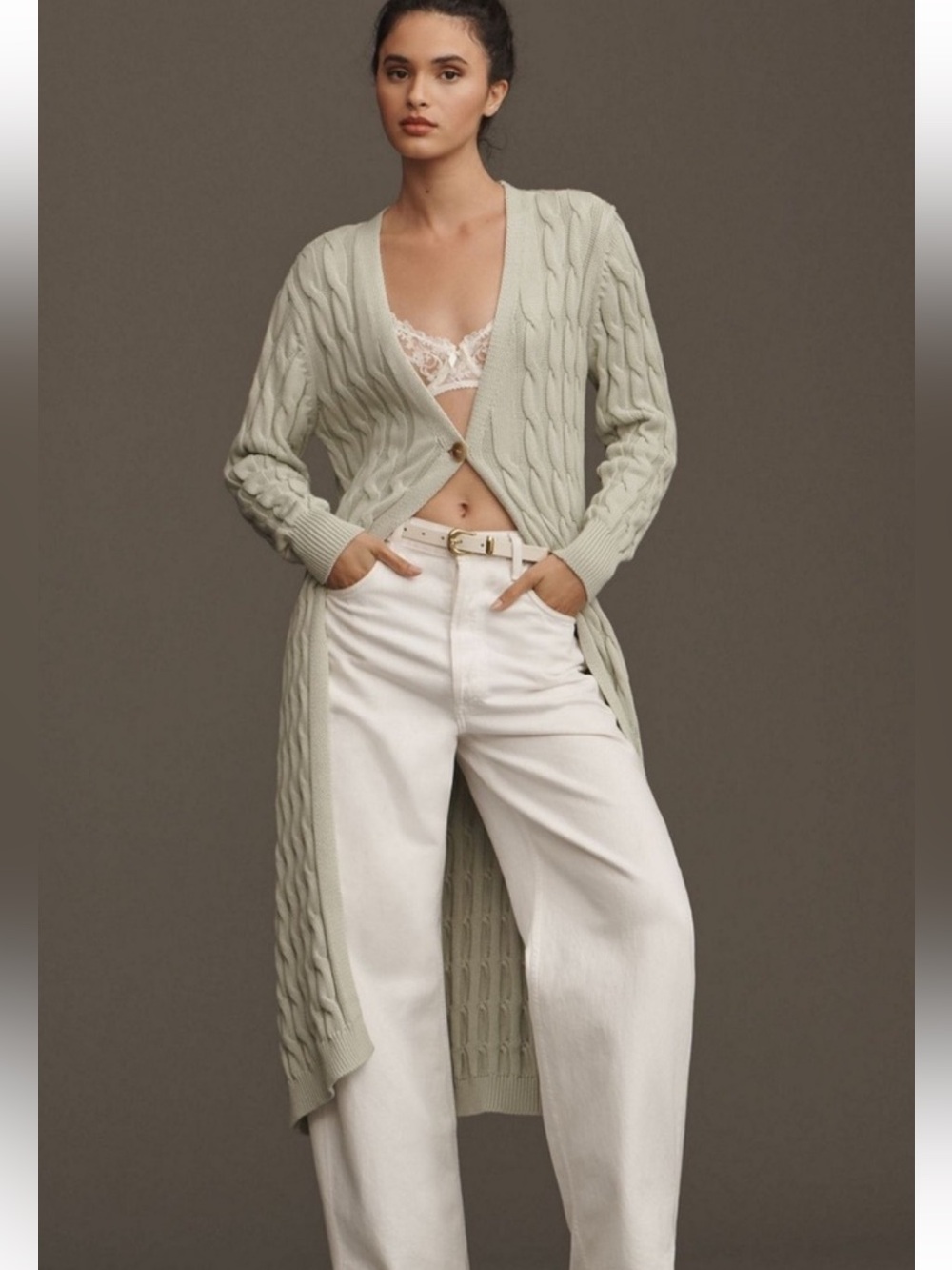 Ollari Anthropologie Extra-Long Pistachio Green Cable Cardigan Coastal Sz S